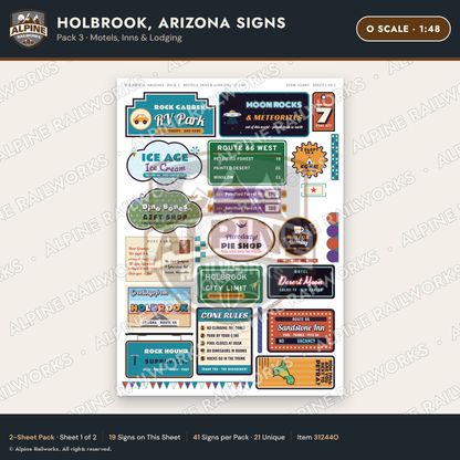 Alpine Railworks 31244O O Scale Holbrook AZ Signs - Motels & Inns