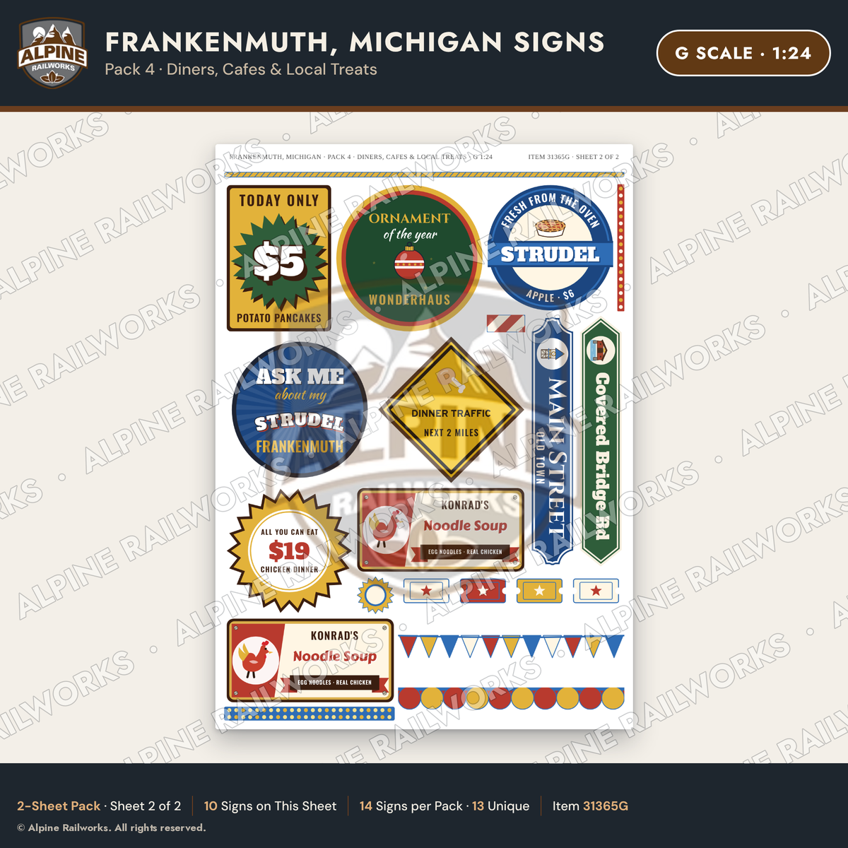 Alpine Railworks 31365G G Scale Frankenmuth MI Signs - Diners & Cafes