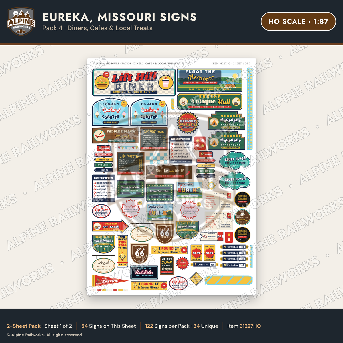 Alpine Railworks 31227HO HO Scale Eureka MO Signs - Diners & Cafes
