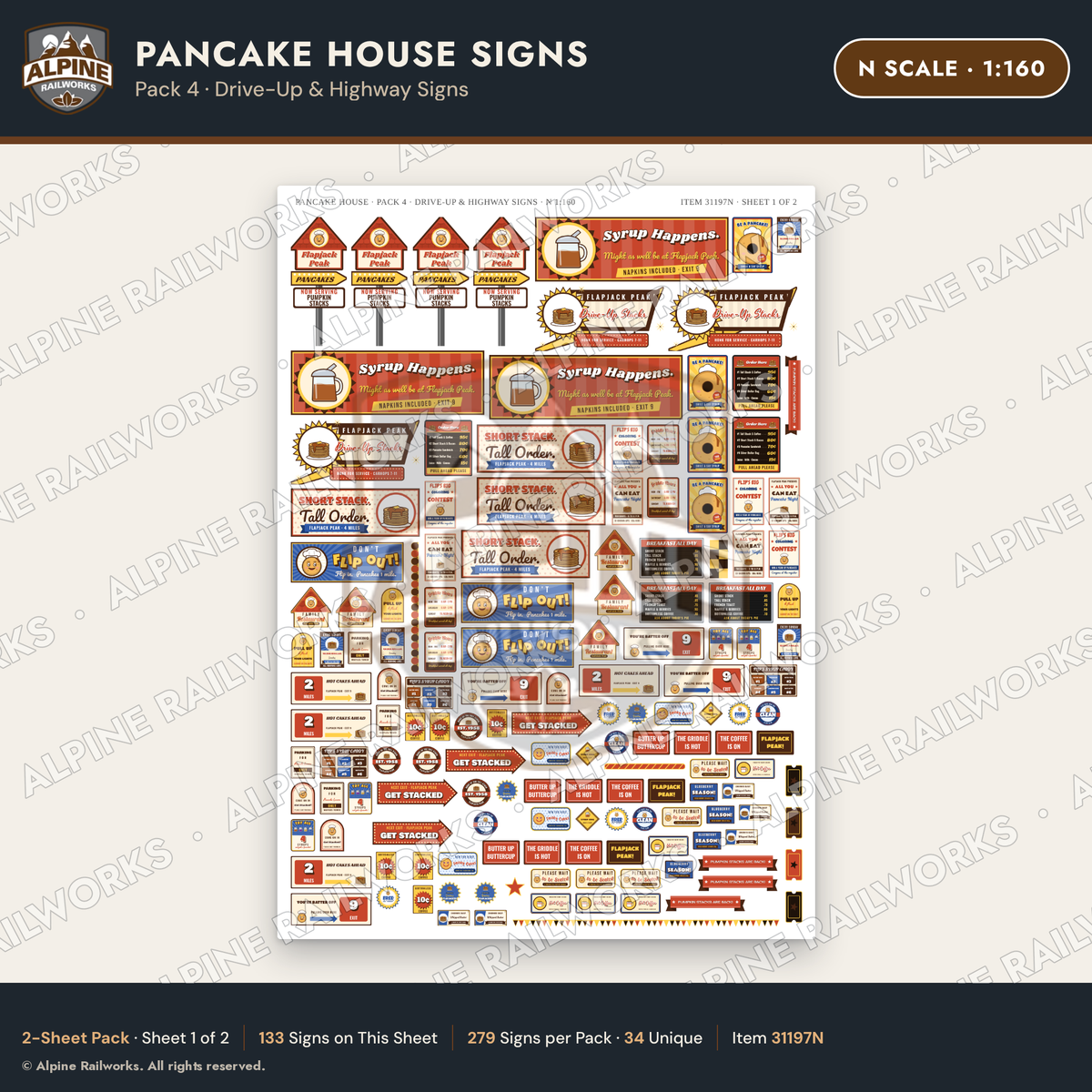 Alpine Railworks 31197N N Scale Pancake House Signs - Highway Signs