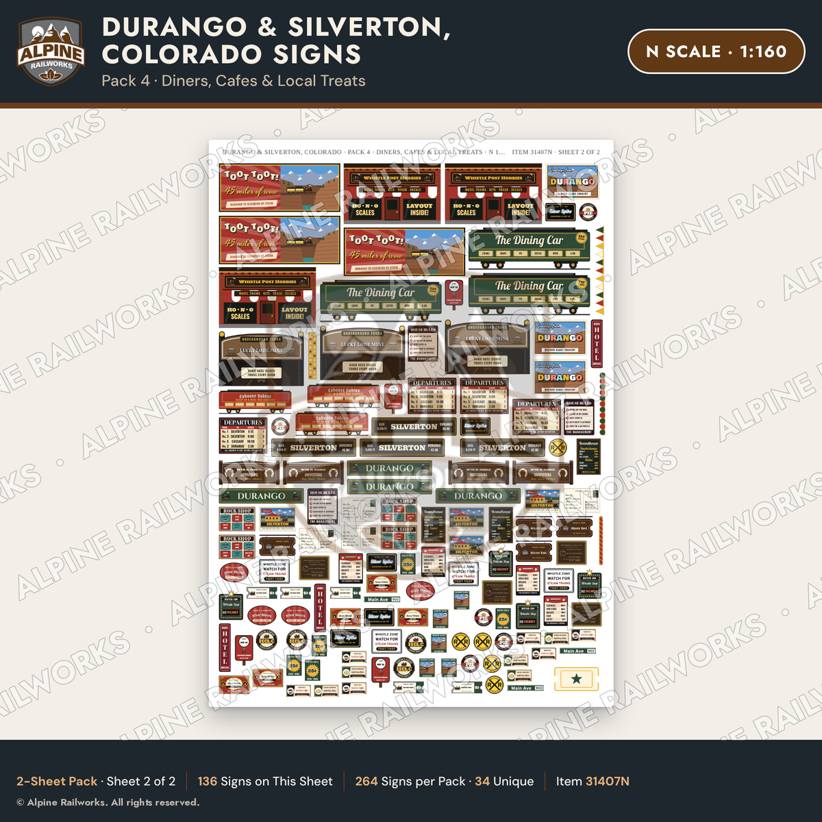 Alpine Railworks 31407N N Scale Durango CO Signs - Diners & Cafes