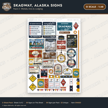 Alpine Railworks 31442O O Scale Skagway AK Signs - Motels & Inns