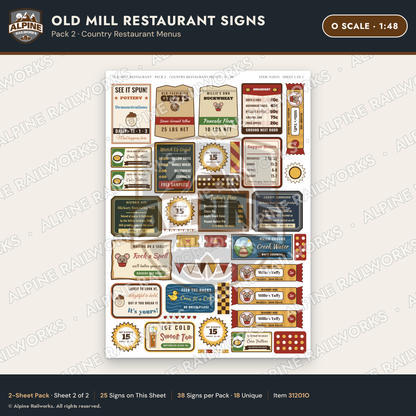 Alpine Railworks 31201O O Scale Old Mill Signs - Restaurant Menus