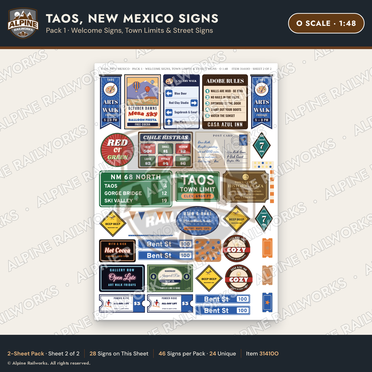 Alpine Railworks 31410O O Scale Taos NM Signs - Welcome & Street Signs