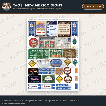 Alpine Railworks 31410O O Scale Taos NM Signs - Welcome & Street Signs