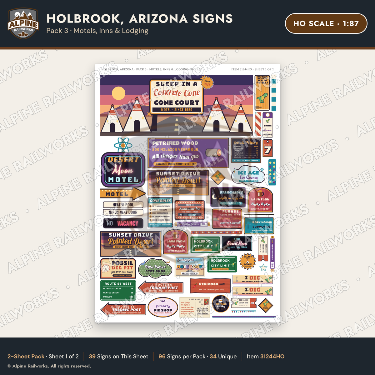 Alpine Railworks 31244HO HO Scale Holbrook AZ Signs - Motels & Inns