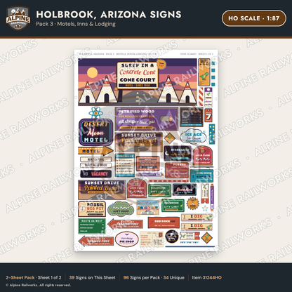 Alpine Railworks 31244HO HO Scale Holbrook AZ Signs - Motels & Inns