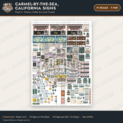Alpine Railworks 31431N N Scale Carmel CA Signs - Diners & Cafes
