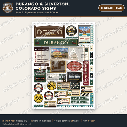 Alpine Railworks 31408O O Scale Durango CO Signs - Attractions & Tours