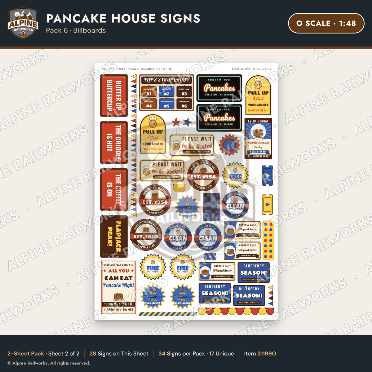 Alpine Railworks 31199O O Scale Pancake House Signs - Billboards