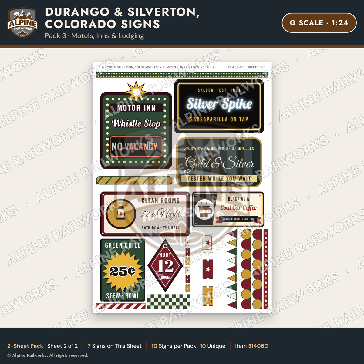 Alpine Railworks 31406G G Scale Durango CO Signs - Motels & Inns