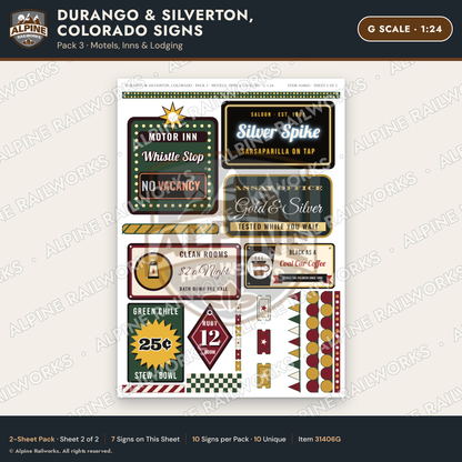 Alpine Railworks 31406G G Scale Durango CO Signs - Motels & Inns