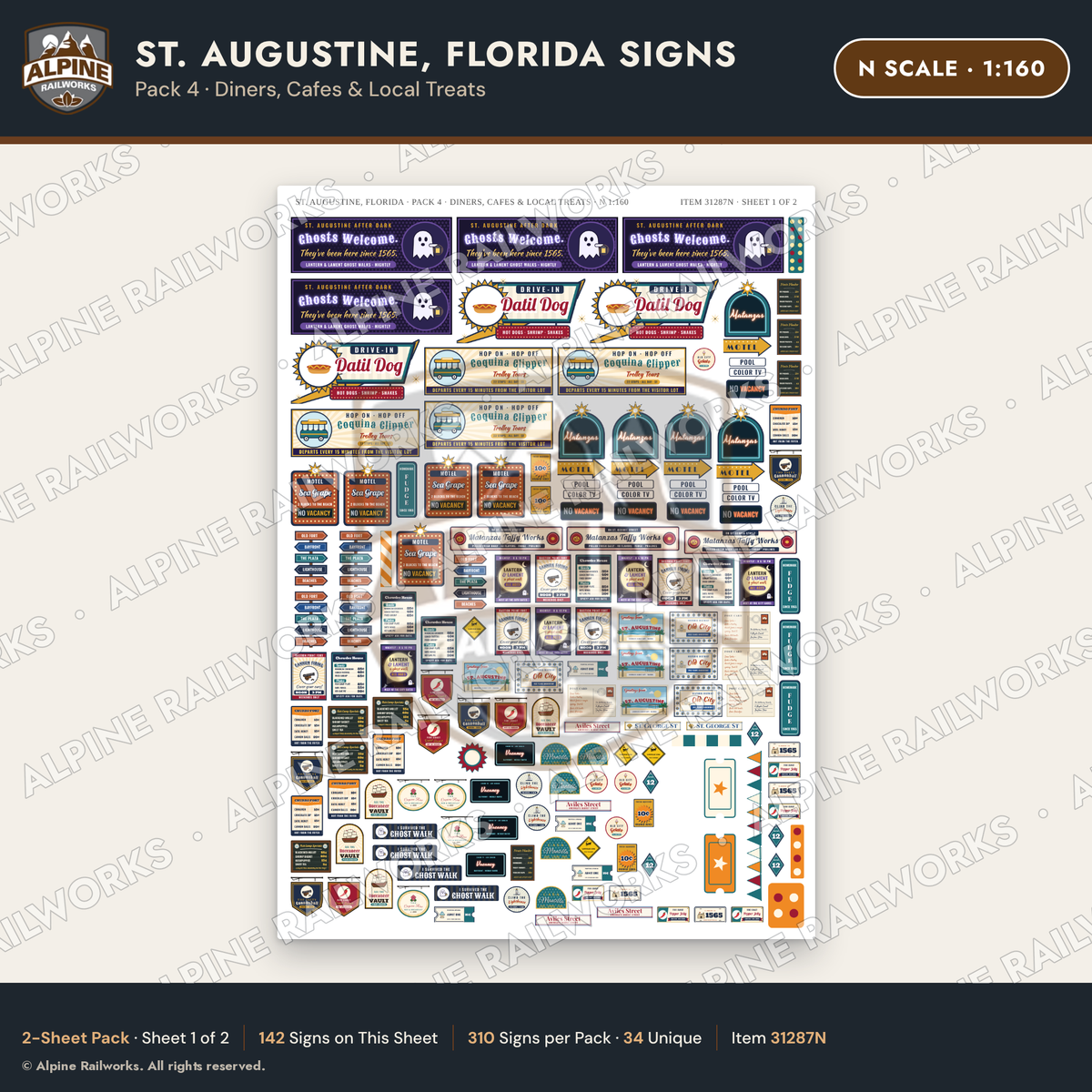 Alpine Railworks 31287N N Scale St. Augustine FL Signs - Diners
