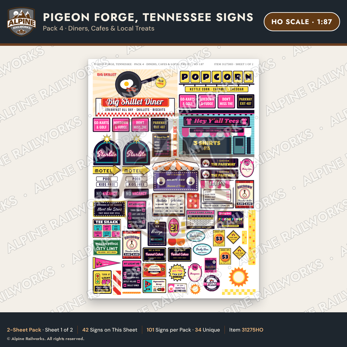 Alpine Railworks 31275HO HO Scale Pigeon Forge TN Signs - Diners
