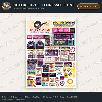 Alpine Railworks 31275HO HO Scale Pigeon Forge TN Signs - Diners