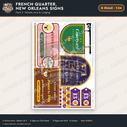 Alpine Railworks 31382G G Scale French Quarter Signs - Motels & Inns