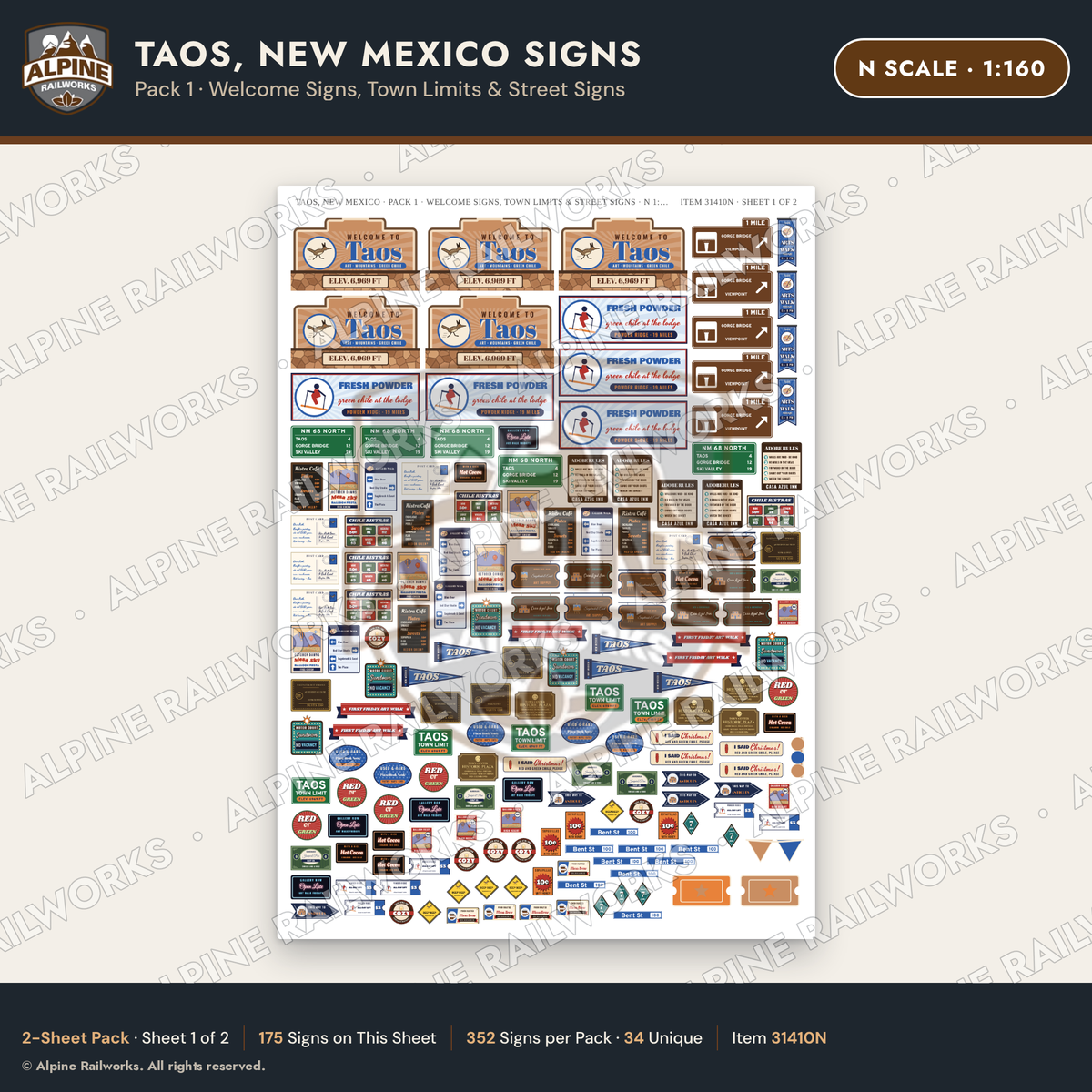 Alpine Railworks 31410N N Scale Taos NM Signs - Welcome & Street Signs