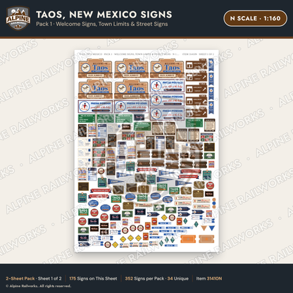 Alpine Railworks 31410N N Scale Taos NM Signs - Welcome & Street Signs