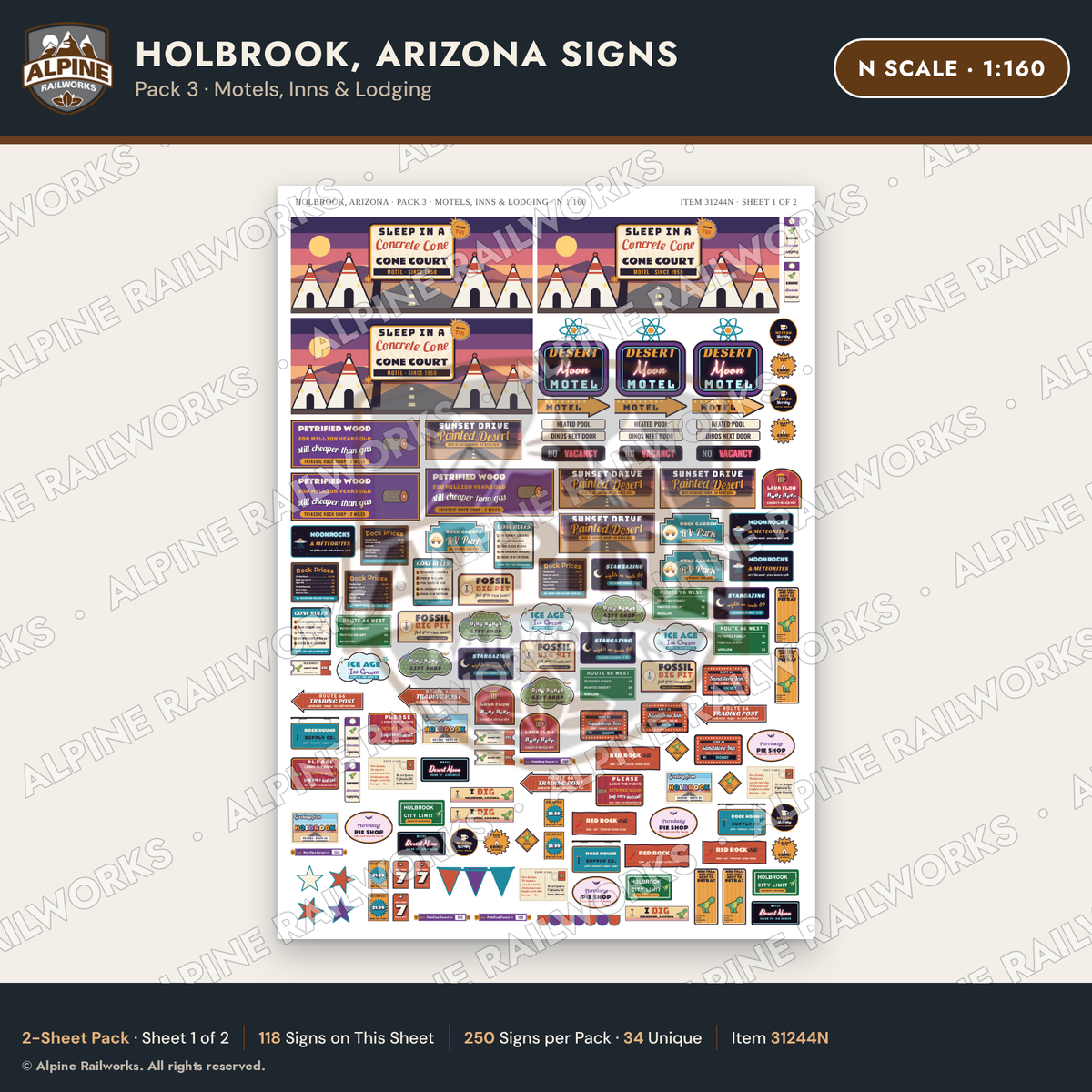 Alpine Railworks 31244N N Scale Holbrook AZ Signs - Motels & Inns