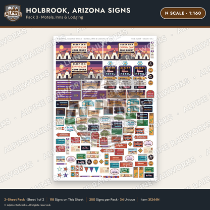 Alpine Railworks 31244N N Scale Holbrook AZ Signs - Motels & Inns