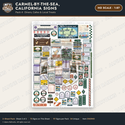 Alpine Railworks 31431HO HO Scale Carmel CA Signs - Diners & Cafes