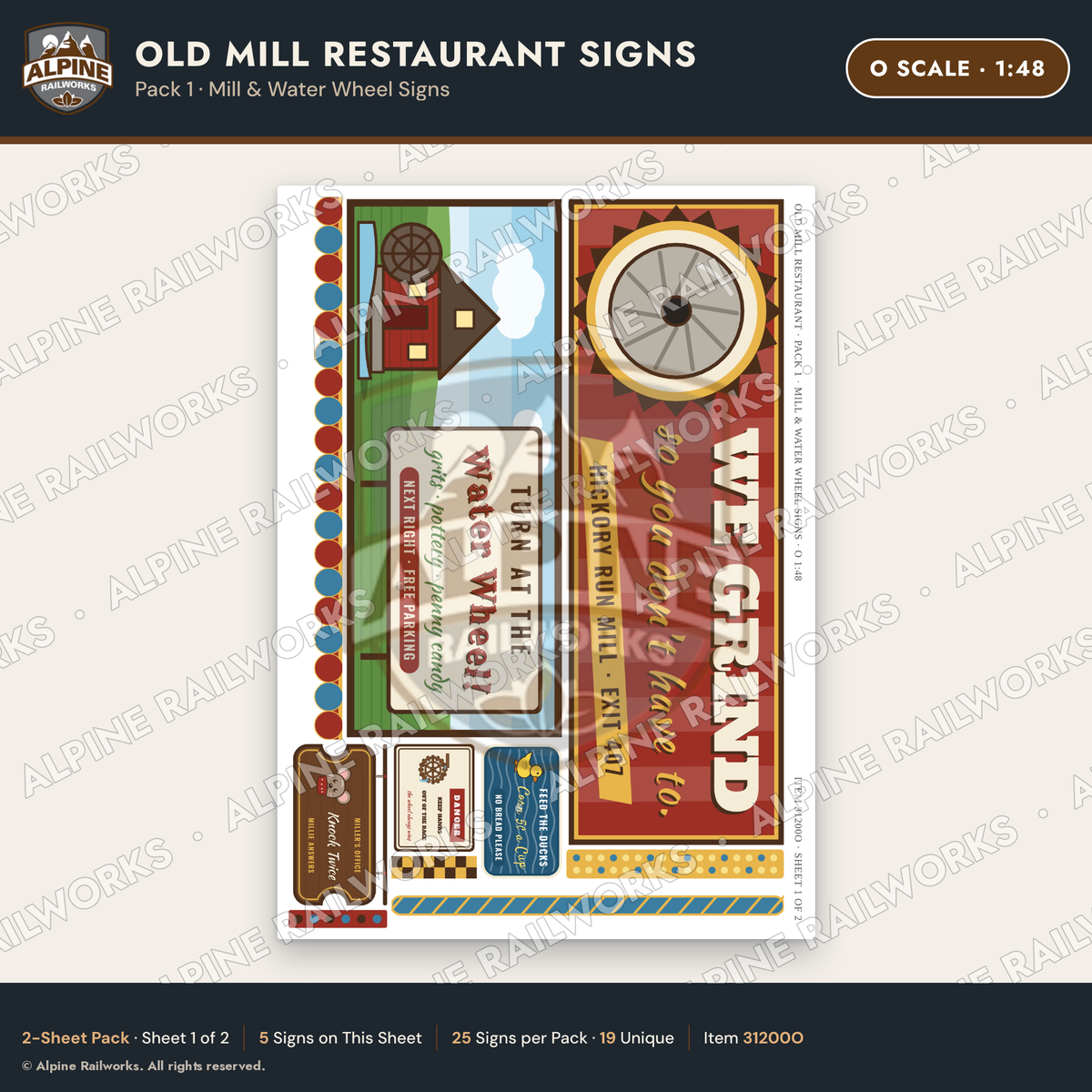 Alpine Railworks 31200O O Scale Old Mill Signs - Mill & Water Wheel