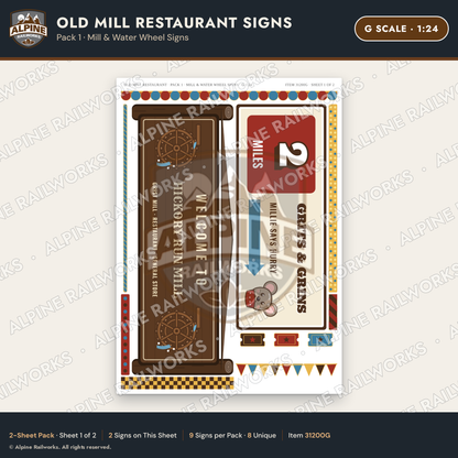 Alpine Railworks 31200G G Scale Old Mill Signs - Mill & Water Wheel