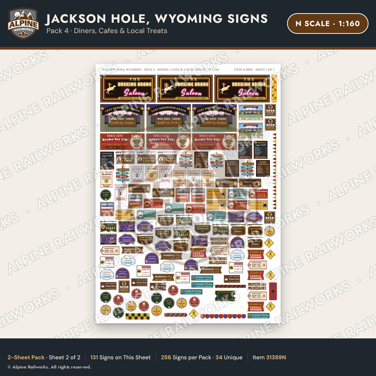 Alpine Railworks 31389N N Scale Jackson Hole WY Signs - Diners & Cafes