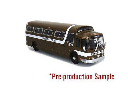 Iconic Replicas 870289 HO Scale 1958 GM 4107 Motorcoach Bus - Assembled -- Military Police (green, white)