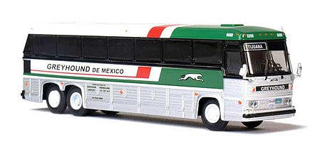 Iconic Replicas 870324 HO Scale 1984 MCI MC-9 Motorcoach Bus - Assembled -- Greyhound de Mexico (silver, white, green, red)