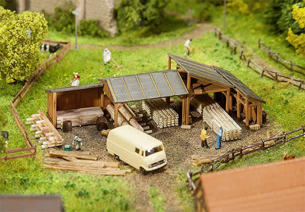 Faller 232373 N Scale Timber Storage Sheds -- Weathered Kit - 4 Dfferent Sheds
