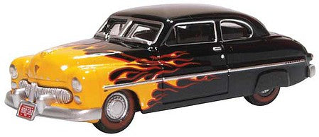 Oxford 87me49009 HO Scale 1949 Mercury Eight Coupe - Assembled -- Hot Rod (black, yellow flames)