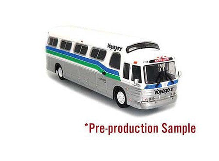 Iconic Replicas 870287 HO Scale 1966 GM 4107 Motorcoach Bus - Assembled -- Voyageur Colonial (Destination: Montreal Express: white, silver, green, blac