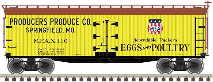 Atlas Model Railroad 50005488 N Scale 40' Wood Reefer - Ready to Run - Master(R) -- Producers Produce 110 (yellow, Boxcar Red)
