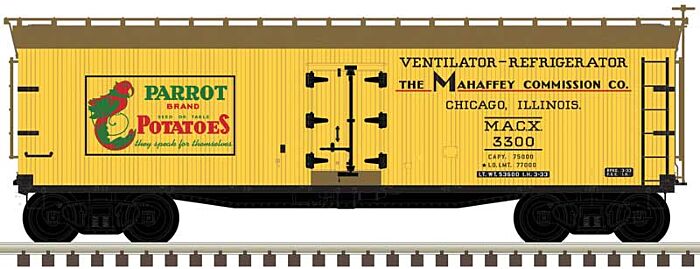 Atlas Model Railroad 50005495 N Scale 40' Wood Reefer - Ready to Run - Master(R) -- Parrot Potatoes 3301 (yellow, Boxcar Red)