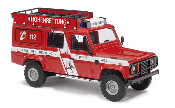 Busch 50383 HO Scale 1983 Land Rover Defender SUV - Assembled -- Hohenrettung Mountain Watch Bergwacht Fire (red, white, German Lettering)
