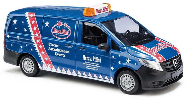 Busch 51111 HO Scale 2014 Mercedes-Benz Vito Cargo Van - Assembled -- Merz & Pilini Circus (blue, red, white, German Lettering)