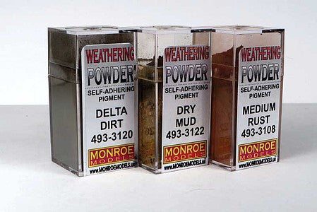Monroe Models 2914 HO Scale Dirt & Rust Weathering Powder Set -- 1 Each: Delta Dirt, Dry Mud, Medium Rust