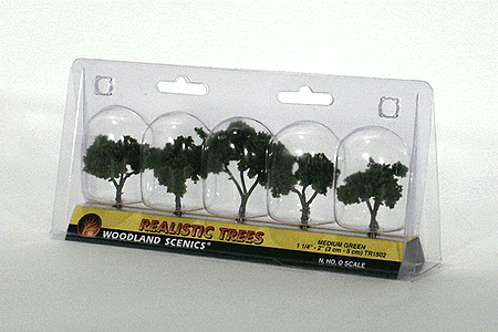 Woodland Scenics 1502 All Scale Ready-Made "Realistic Trees" - Deciduous - Medium Green -- 1-1/4 to 2" 3.2 to 5.1cm pkg(5)