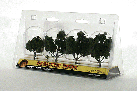 Woodland Scenics 1504 All Scale Ready-Made "Realistic Trees" - Deciduous - 2 to 3" 5.1 to 7.6cm pkg(4) -- Medium Green