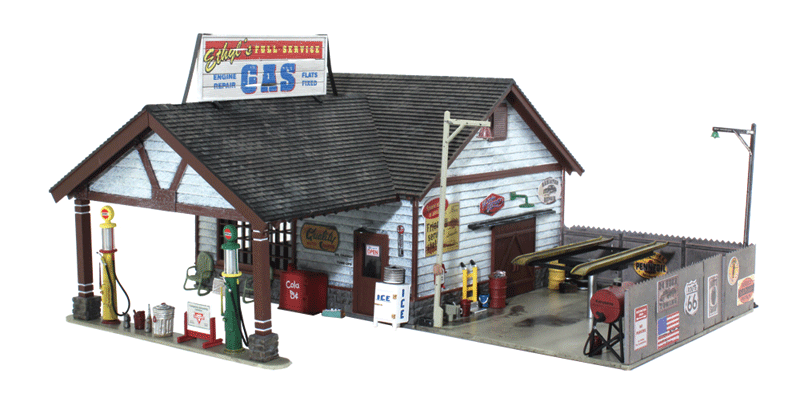 Woodland Scenics 4935 N Scale Ethyl's Gas & Service - Built-&-Ready Landmark Structures(R) -- Assembled, Pre-Installed LED Lighting for Use with Just Plug Lighting System