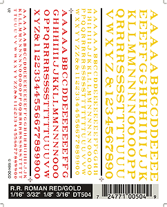Woodland Scenics 504 All Scale Dry Transfer Alphabet & Number Sets -- Railroad Roman Type Face (red & gold)