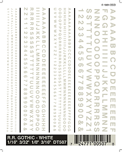Woodland Scenics 507 All Scale Dry Transfer Alphabet & Number Sets -- Railroad Gothic Type Face (white)