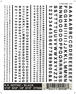 Woodland Scenics 508 All Scale Dry Transfer Alphabet & Number Sets -- Railroad Gothic Type Face (black)