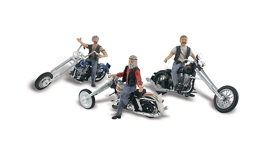 Woodland Scenics 5344 N Scale Bad Boy Bikers - Assembled - AutoScenes(R) -- 3 Figures & 3 Motorcycles