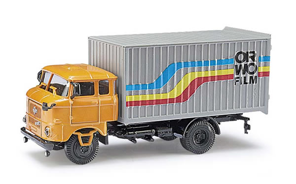 Busch 95119 HO Scale 1987 IFA W50 MK Box-Body Delivery Truck - Assembled - Espewe -- Orwo (orange, silver, red, blue, yellow, German Lettering)