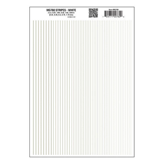 Woodland Scenics 760 All Scale Dry Transfer Stripes - .010, 1/64, .022, 1/32 & 3/64" Wide -- White