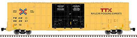 Atlas Model Railroad 20005912 HO Scale Gunderson 7550 Double Plug-Door Boxcar - Ready to Run - Master(R) -- TTX TBOX 663810 (yellow, black, red TTX and Next Load, Any Road Logos)