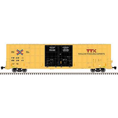 Atlas Model Railroad 20005913 HO Scale Gunderson 7550 Double Plug-Door Boxcar - Ready to Run - Master(R) -- TTX TBOX 663841 (yellow, black, red TTX and Next Load, Any Road Logos)