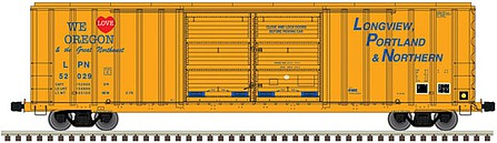 Atlas Model Railroad 20006309 HO Scale FMC 5503 52' Double-Door Boxcar - Ready to Run - Master(R) -- Longview, Portland & Northern 52024 (orange, blue)